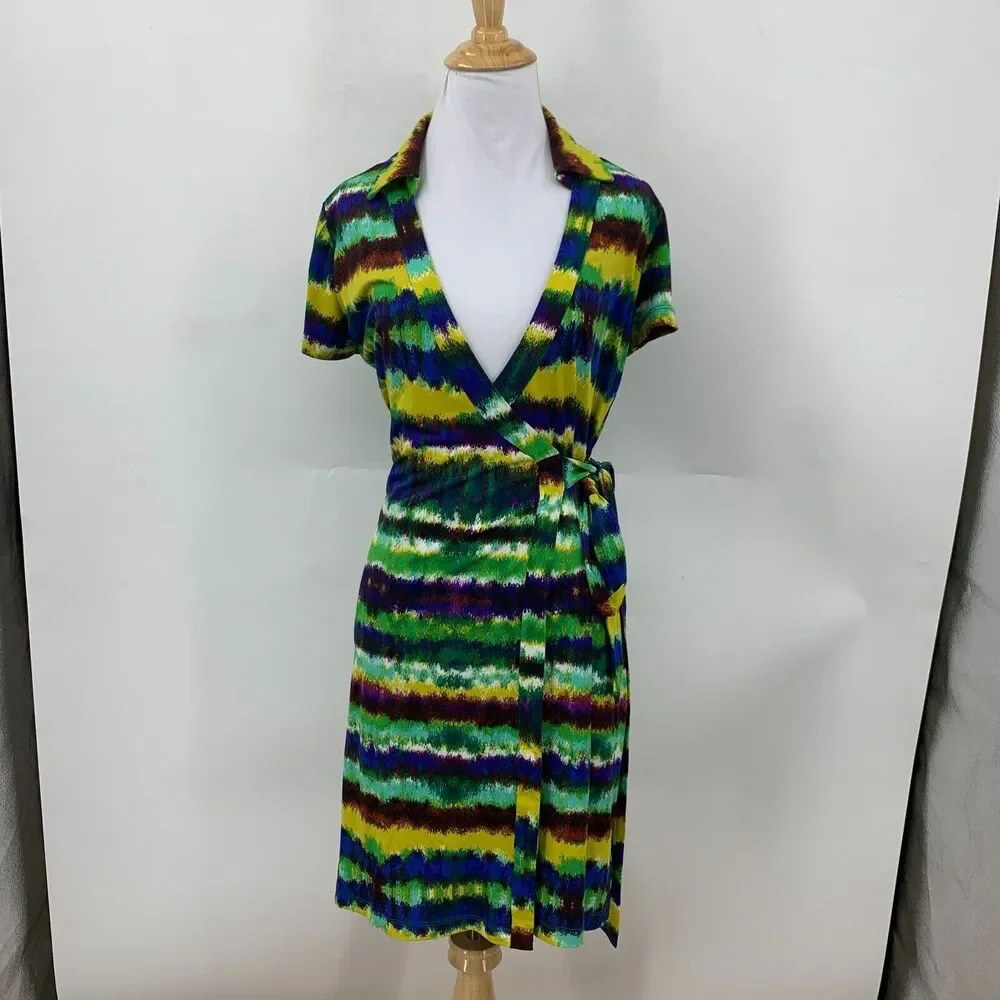 Calvin Klein Tie Dye Wrap Womens 4 Cap Sleeve Plunge V Neck Collar Waist Tie